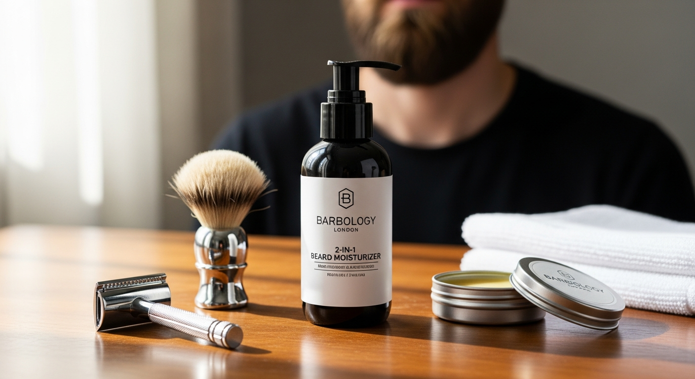 Barbology London 2-in-1 Beard and Face Moisturizer bottle with natural ingredients displayed
