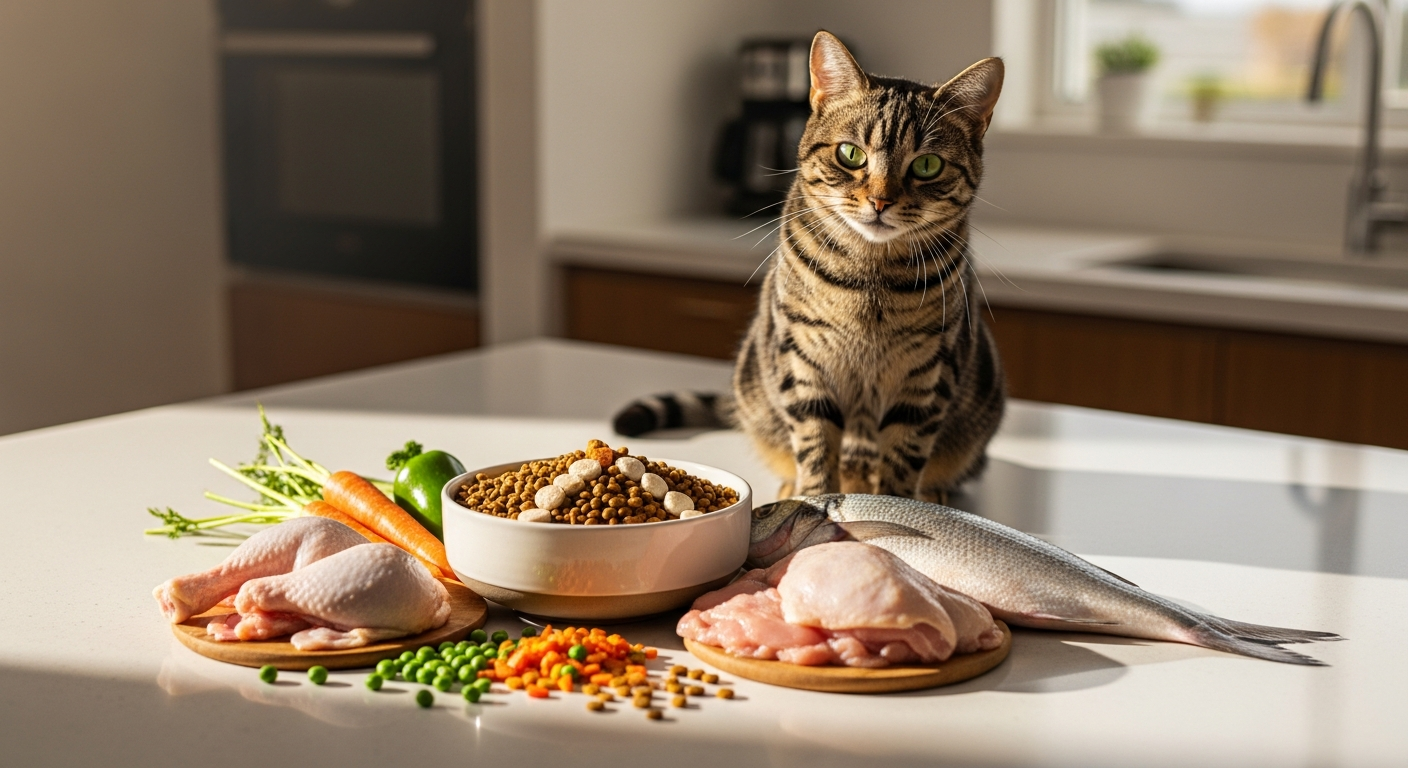 Meowing Heads Paw Lickin' Chicken dry cat food kibble in bowl with chicken pieces