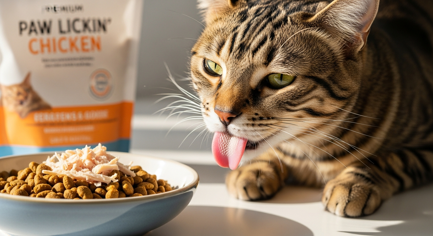 Meowing Heads Paw Lickin' Chicken wet cat food pouch with fresh chicken ingredients displayed