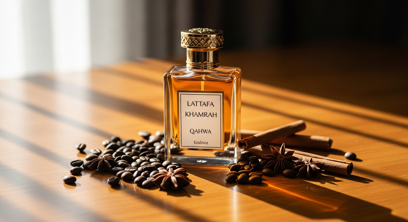 Lattafa Khamrah Qahwa unisex perfume bottle with warm spiced coffee fragrance notes