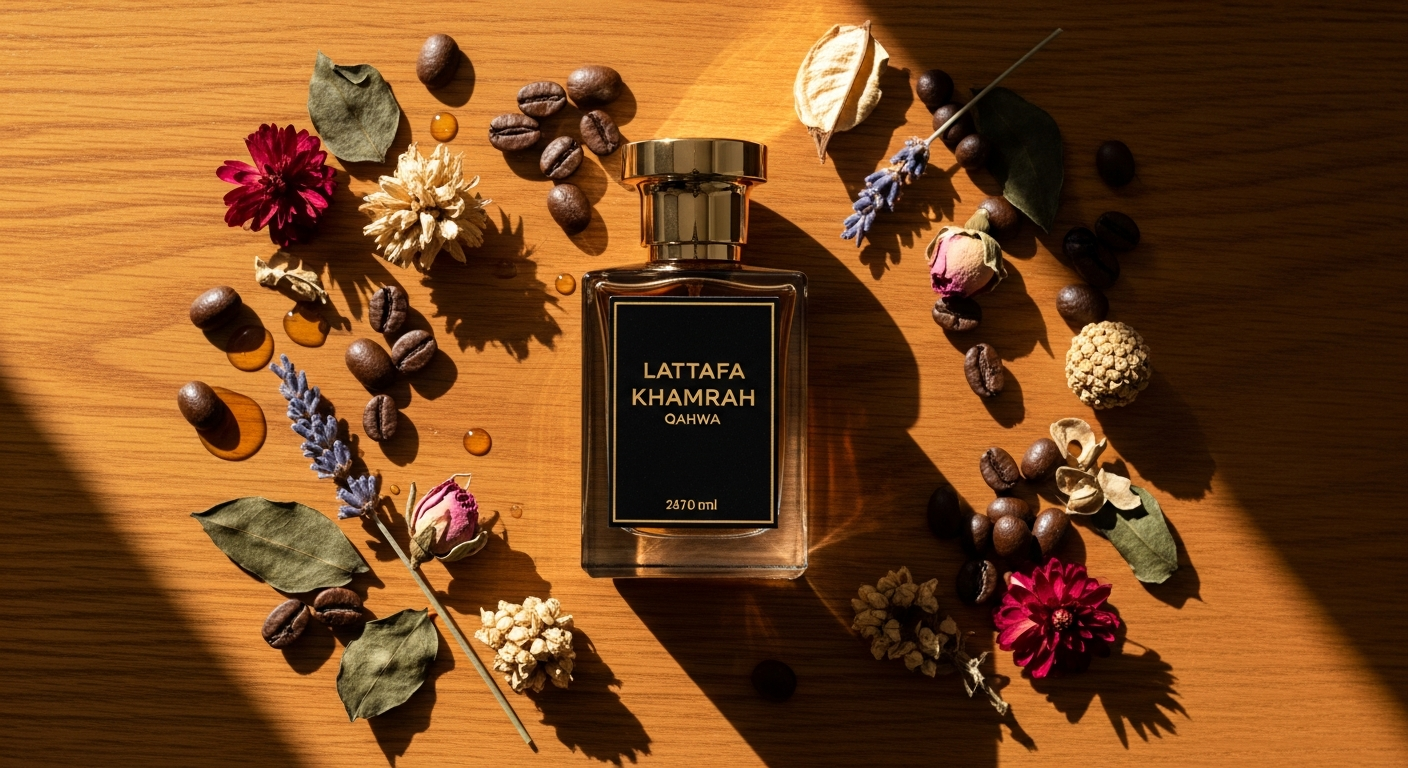 Lattafa Khamrah Qahwa Arabic perfume bottle displayed with coffee beans and spices