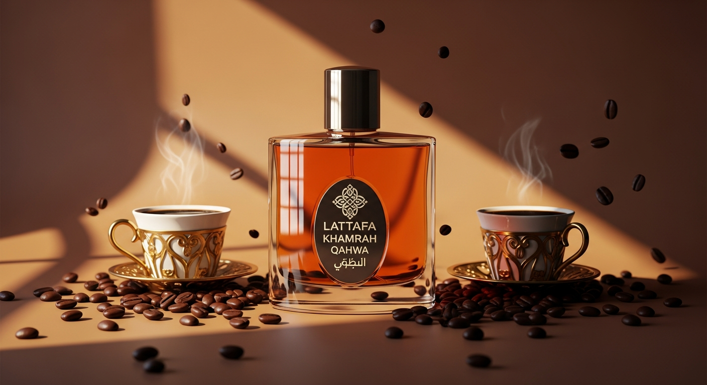 Lattafa Khamrah Qahwa Perfume bottle with coffee beans and spices