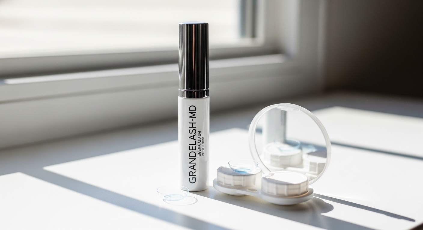 GrandeLASH-MD lash serum bottle with contact lens case and eye care products
