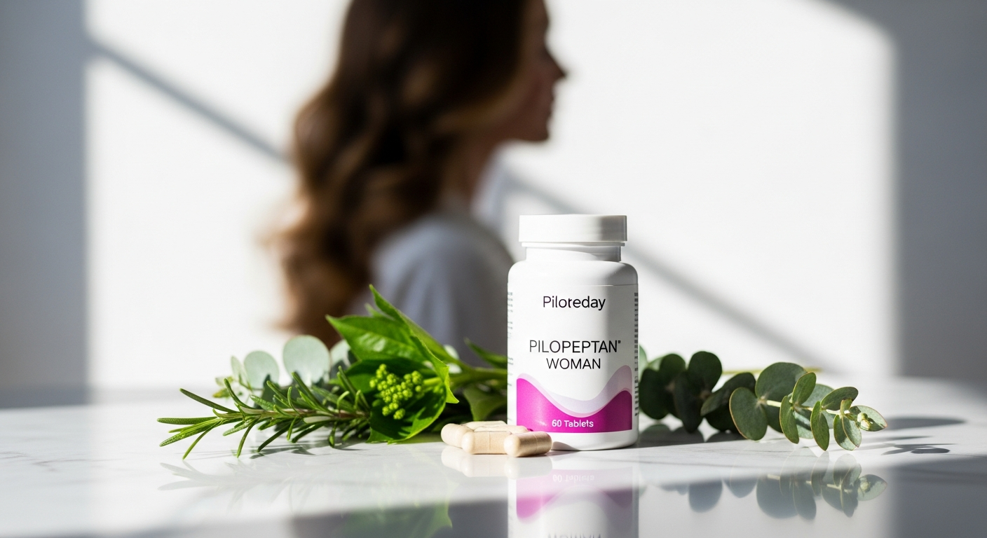 Pilopeptan Woman 60 Tablets hair loss supplement bottle displayed with healthy hair strands