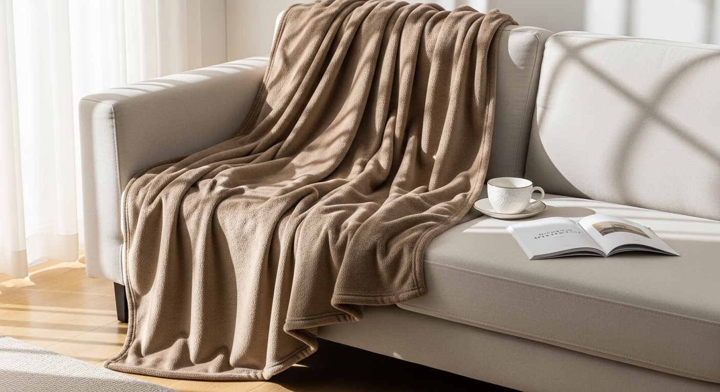 Bedsure GentleSoft Fleece Throw Blanket draped over a modern couch in neutral tones