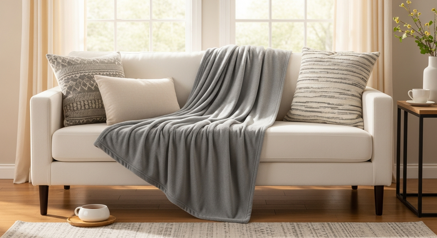 Bedsure GentleSoft Fleece Throw Blanket draped over a couch in neutral bedroom setting