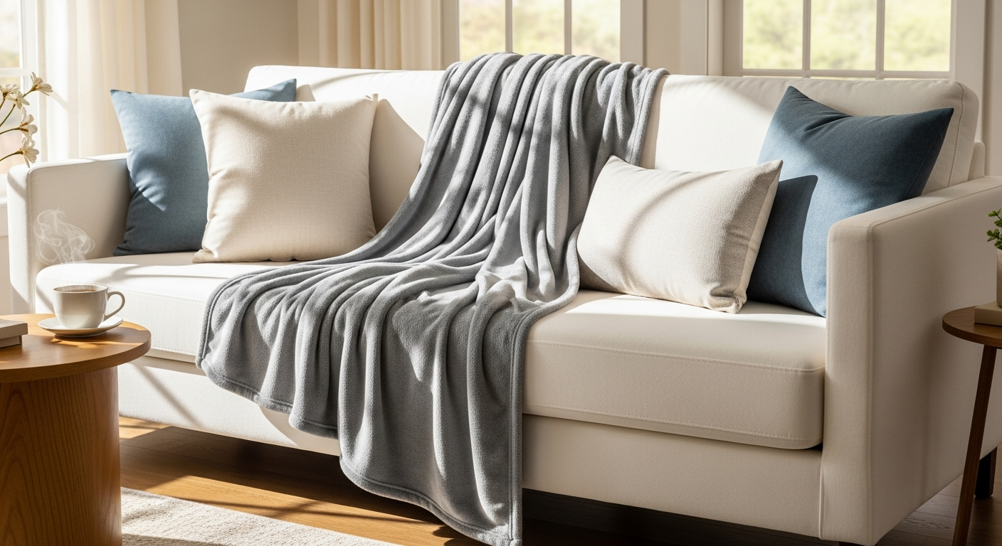 Bedsure ultra-soft fleece throw blanket draped over modern couch in neutral living room