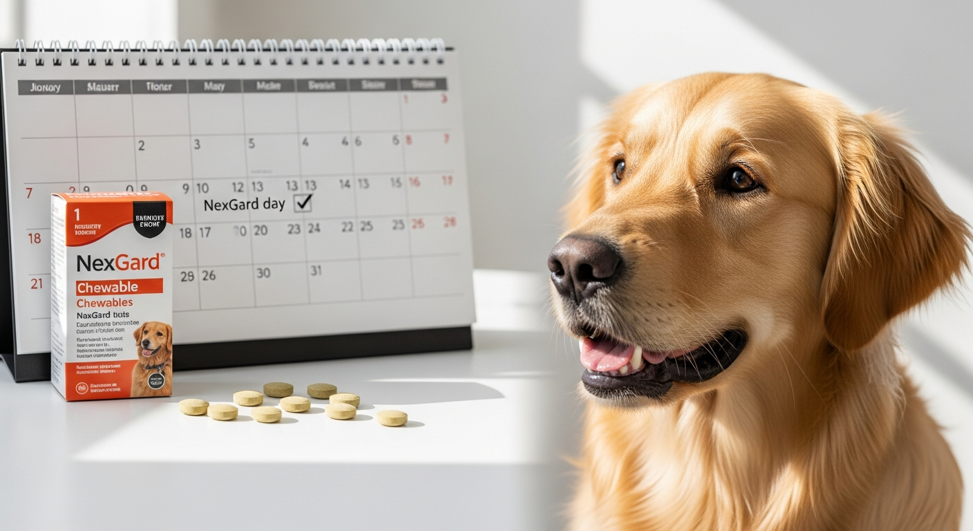 NexGard beef-flavored flea and tick chewable tablet for dogs on white background