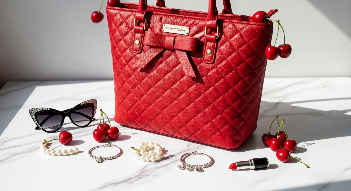 Betsey Johnson Kitsch Cherry Tote Bag with red cherry motifs and heart-shaped accents