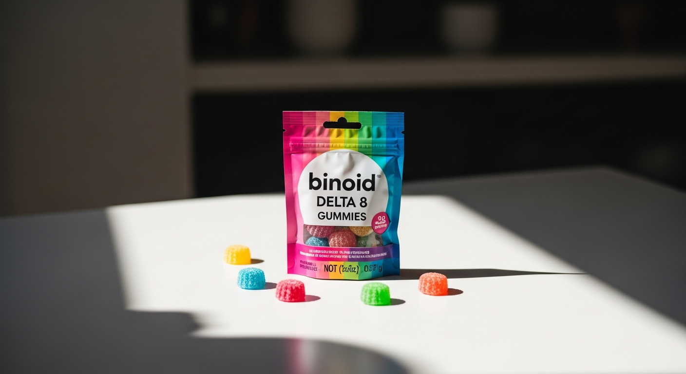 Binoid Delta 8 THC Gummies bottle with colorful gummies displayed on white background