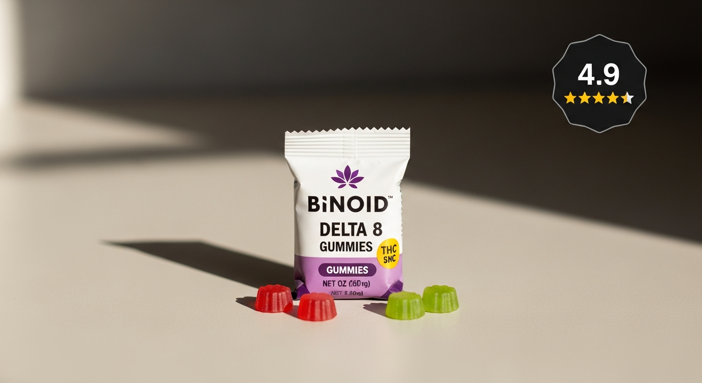 Binoid Delta 8 THC Gummies in various fruit flavors displayed in product packaging
