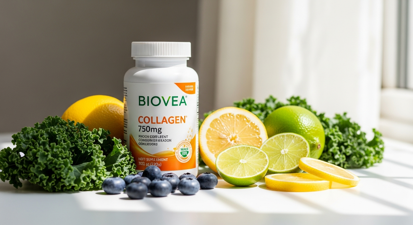 Biovea Collagen 750mg capsules supplement bottle with bonus pack