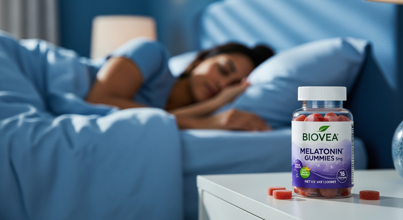 Biovea Melatonin Gummies 5mg mixed berry sleep supplement bottle and gummies
