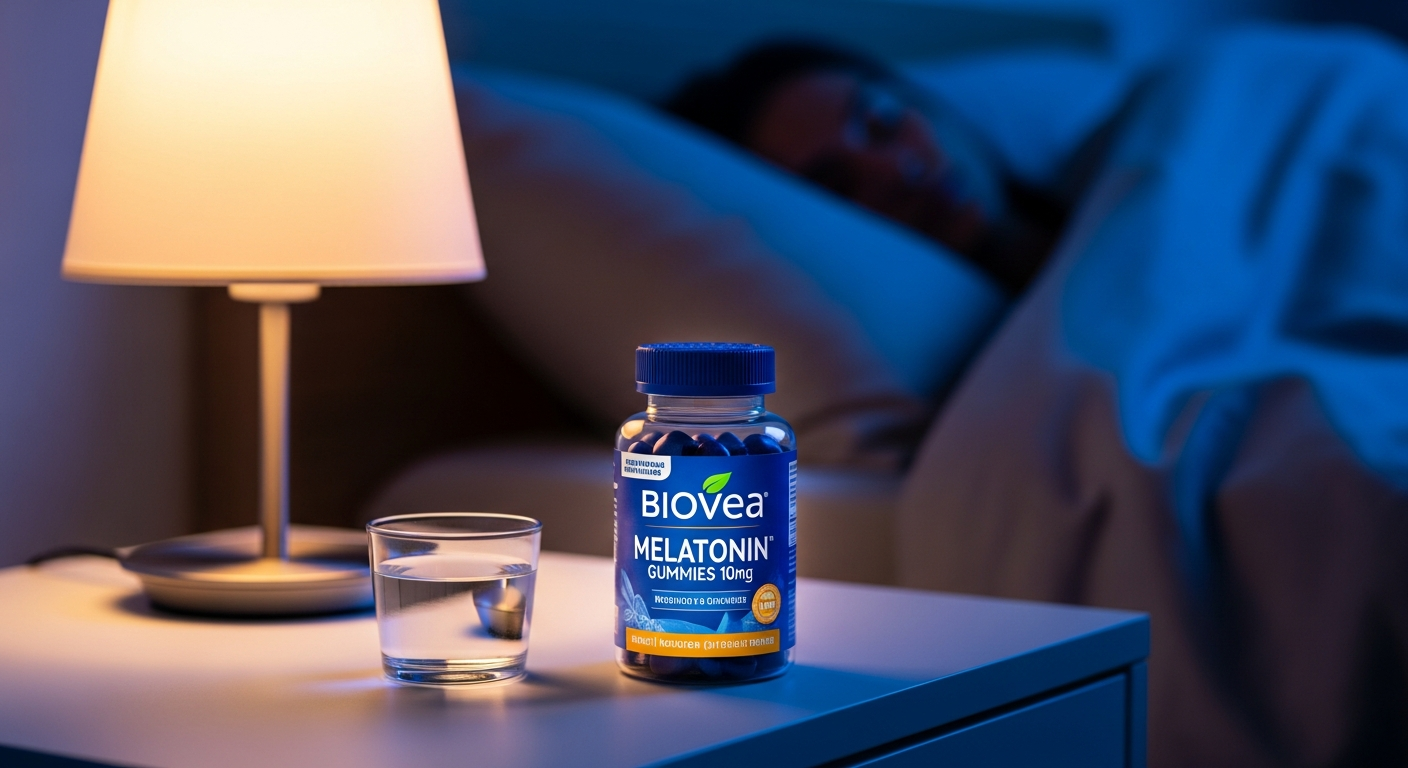 Biovea Melatonin Gummies 10mg bottle with mixed berry gummies displayed on white background