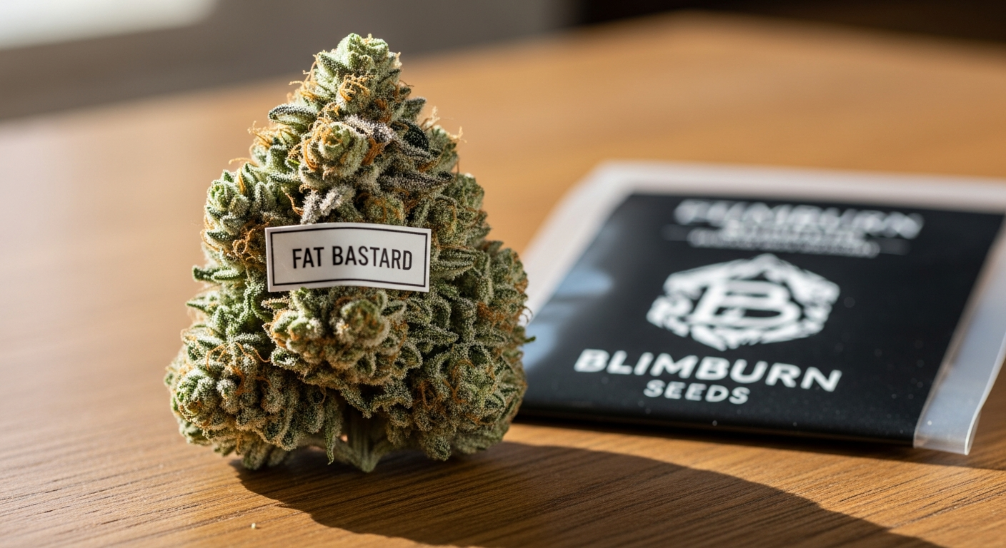 Fat Bastard cannabis strain close-up showing crystal-coated buds and dense flower structure