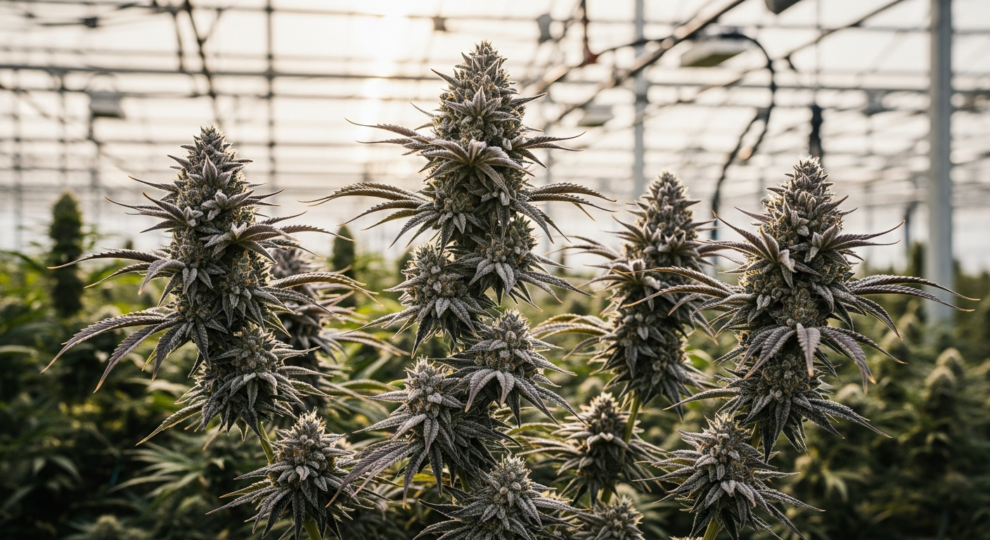 Blimburn Seeds Fat Bastard cannabis strain plant with dense buds in commercial grow operation