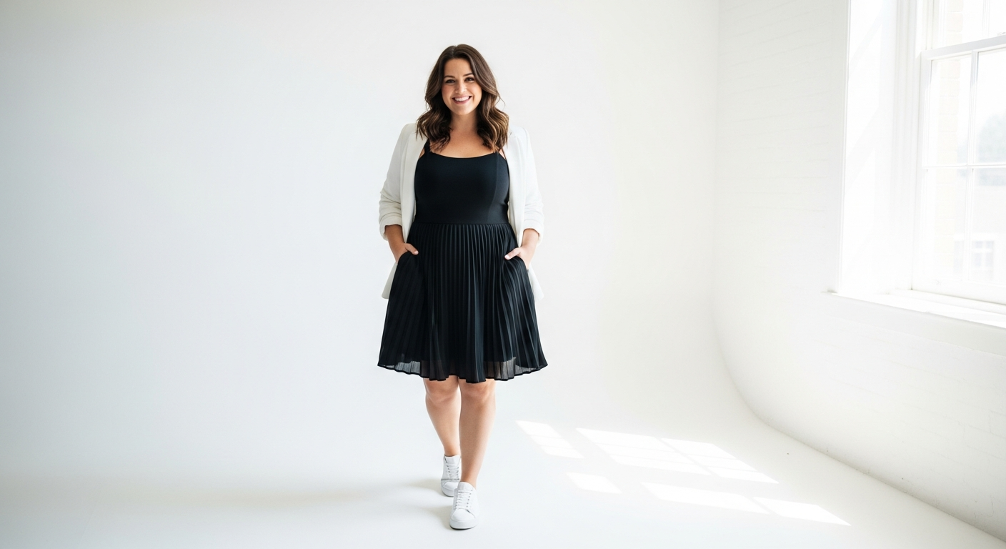 Plus size woman wearing pleated skater dress with fitted bodice and flowing skirt