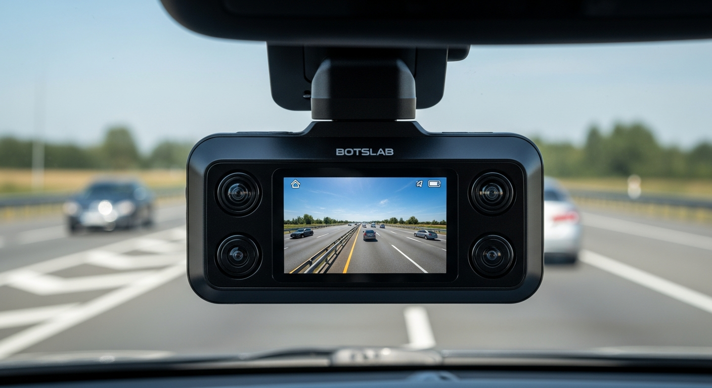 Botslab G980H 4-channel dash cam system with front, rear, and side cameras mounted on vehicle