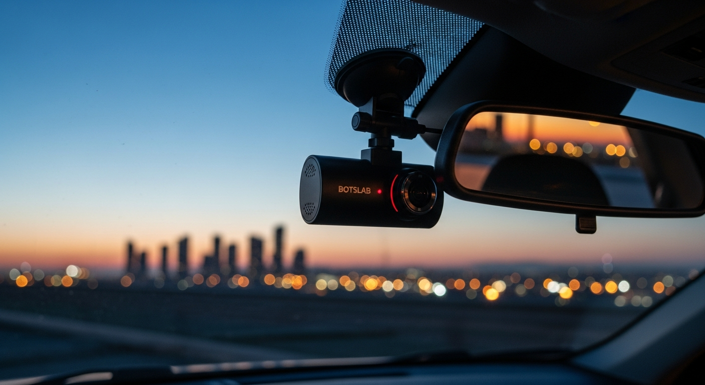 Botslab G980H Pro 4K dash cam mounted on vehicle windshield at night