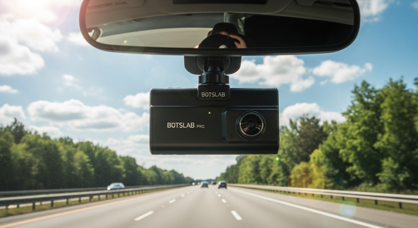 Botslab G980H Pro 4K dash cam mounted on vehicle dashboard with multi-camera display