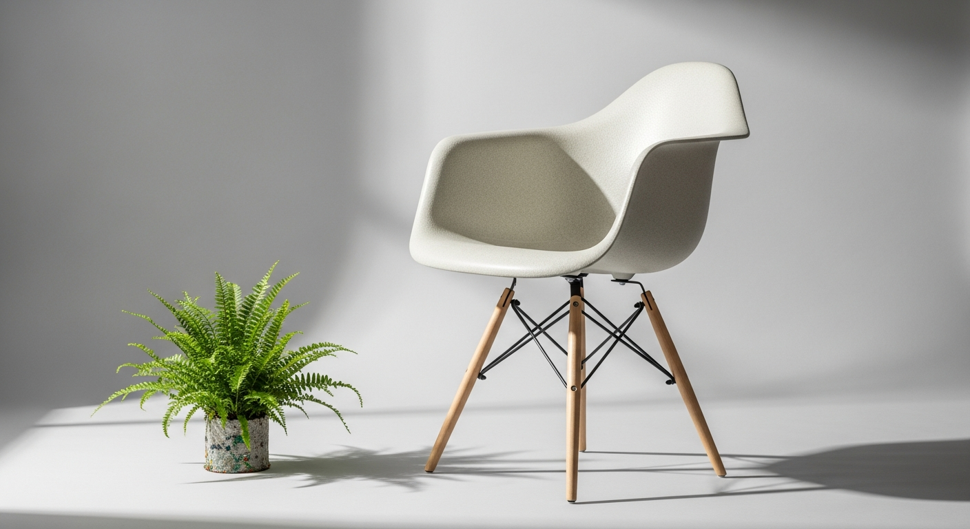 Eames Plastic Side Chair RE DSW with wooden base in modern interior setting