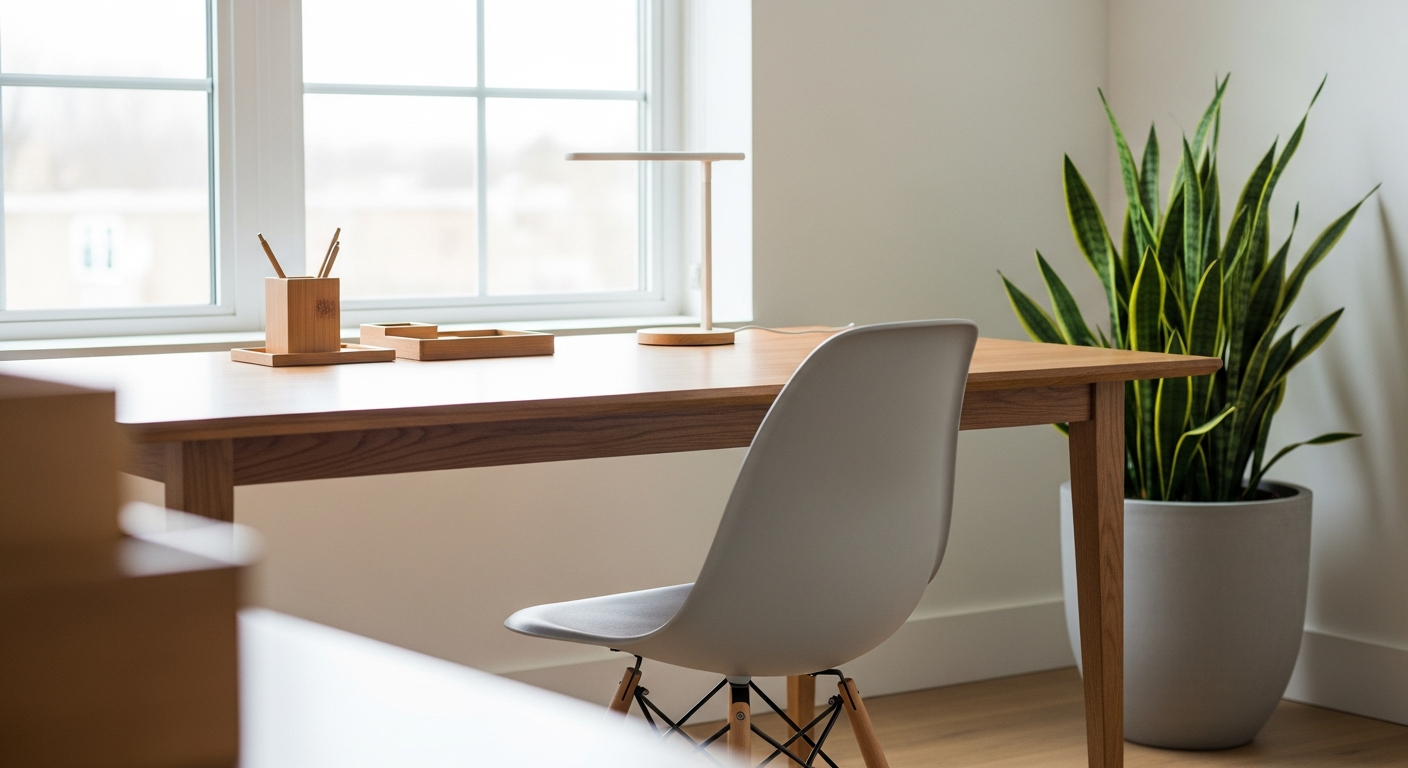 Eames Plastic Side Chair RE DSW with wooden Eiffel Tower base in modern office setting