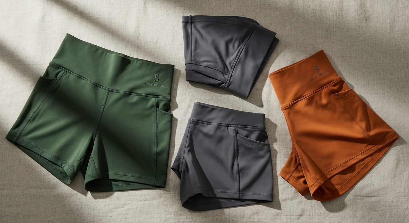 Brutal Buddha 3-in-1 active shorts displayed on a yoga practitioner in downward dog pose