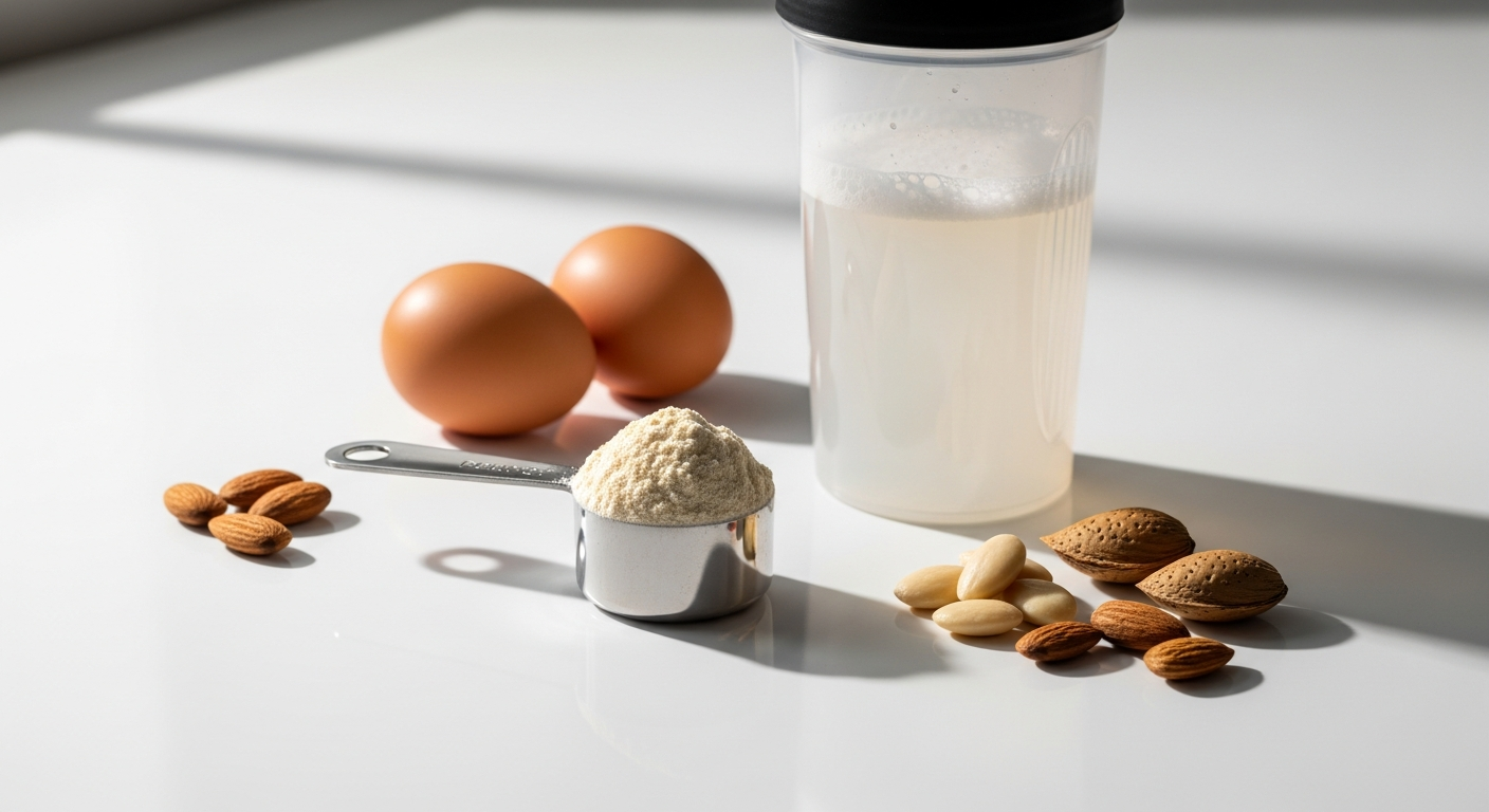 Bulk Pure Whey Protein Powder container with scoop and mixed shake