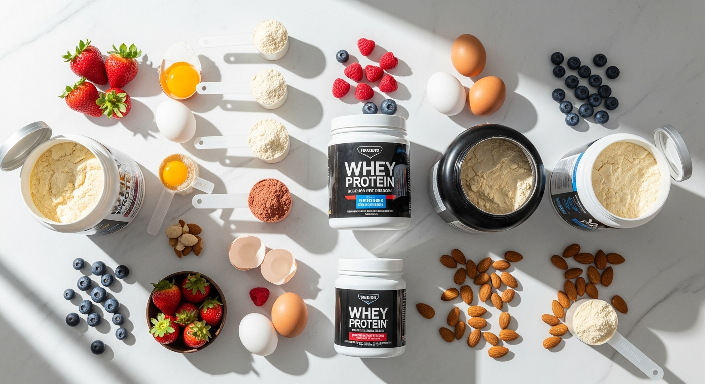 Bulk Pure Whey Protein Powder in kitchen with baking and cooking ingredients