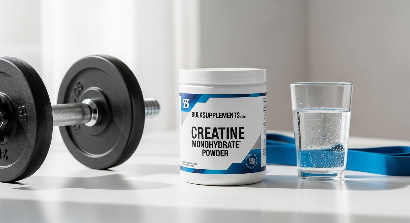 BulkSupplements Micronized Creatine Monohydrate Powder container displayed with measuring scoop