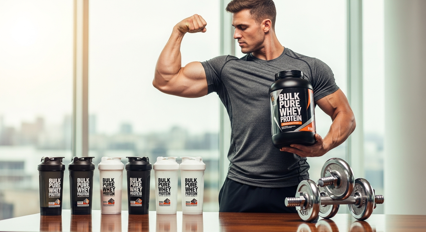 Bulk Pure Whey Protein Powder container with vanilla flavor displayed prominently