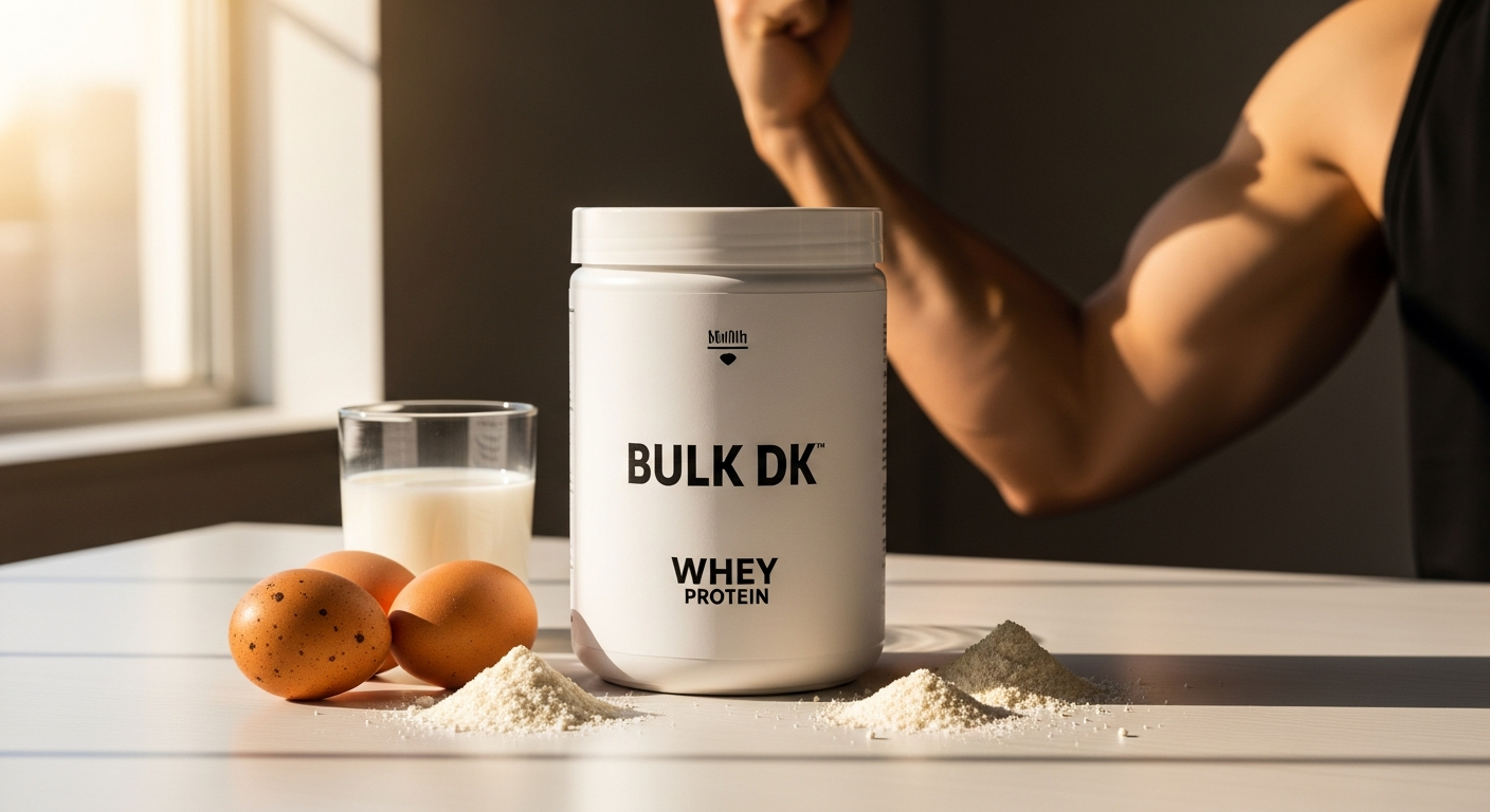 Bulk Pure Whey Protein Powder container with grass-fed sourcing and Informed Sport certification badge