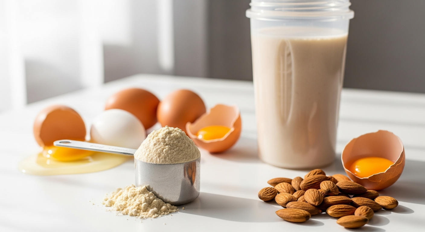 Bulk Pure Whey Protein powder in multiple flavor varieties displayed with measuring scoop and shaker bottle