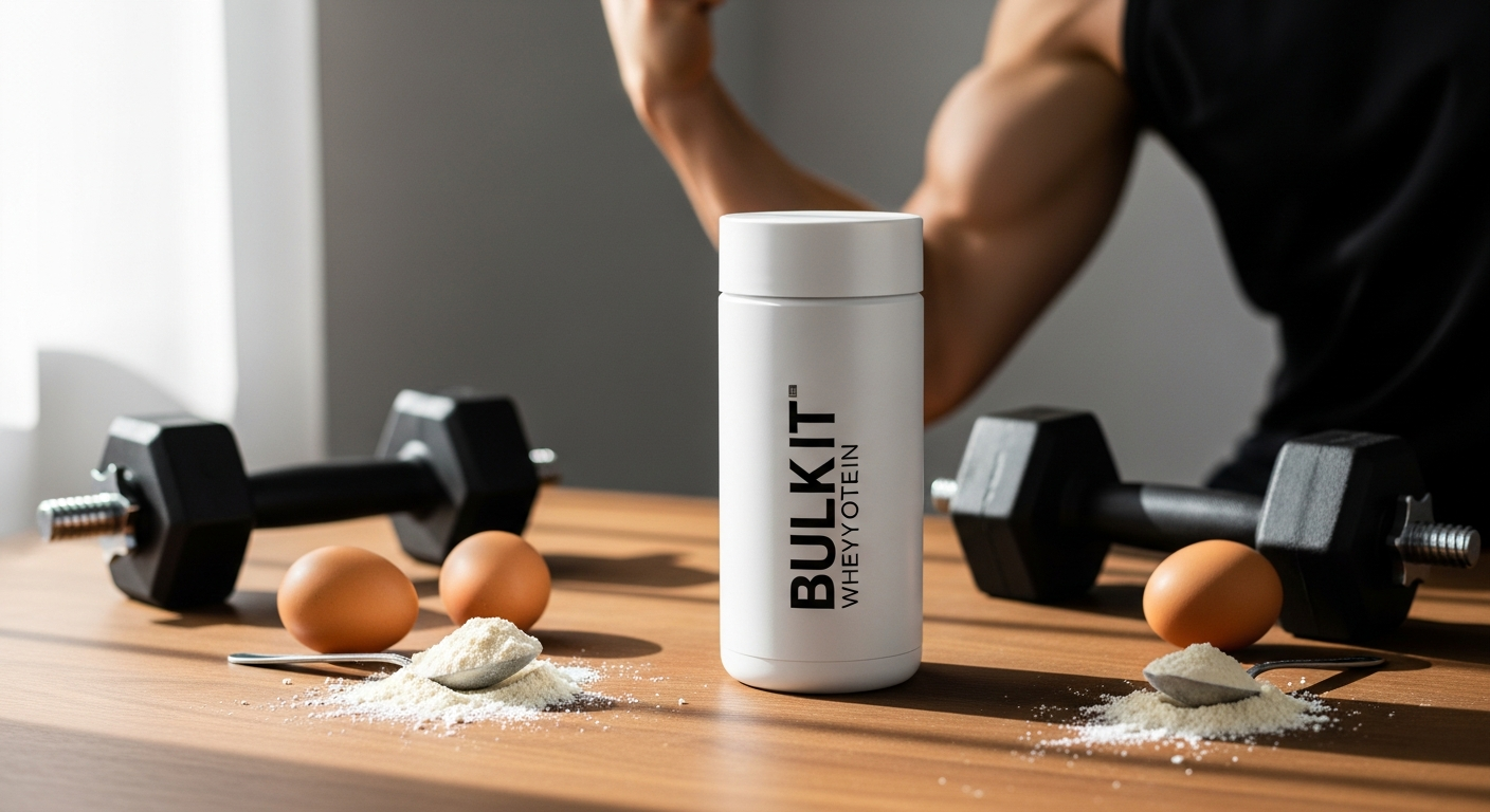 Bulk Pure Whey Protein Powder container with multiple flavor options displayed