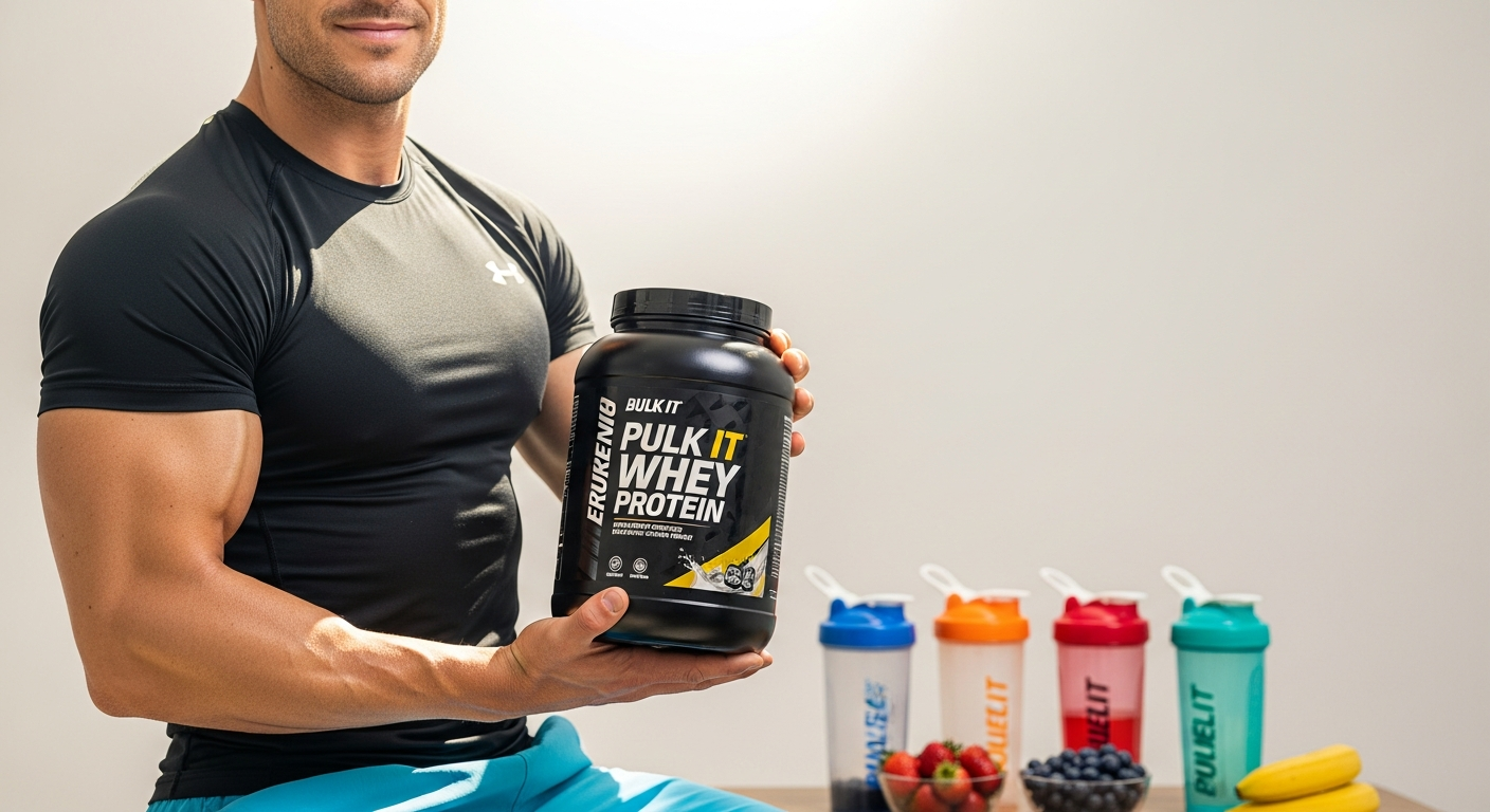 Bulk Pure Whey Protein Powder container with 23g protein per serving displayed prominently