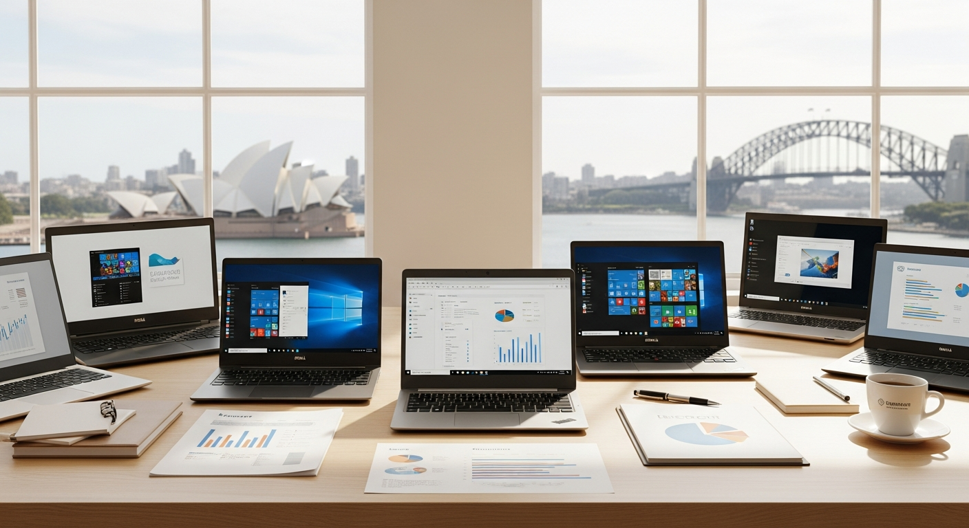 Refurbished business laptops and desktops displayed in a professional office setting