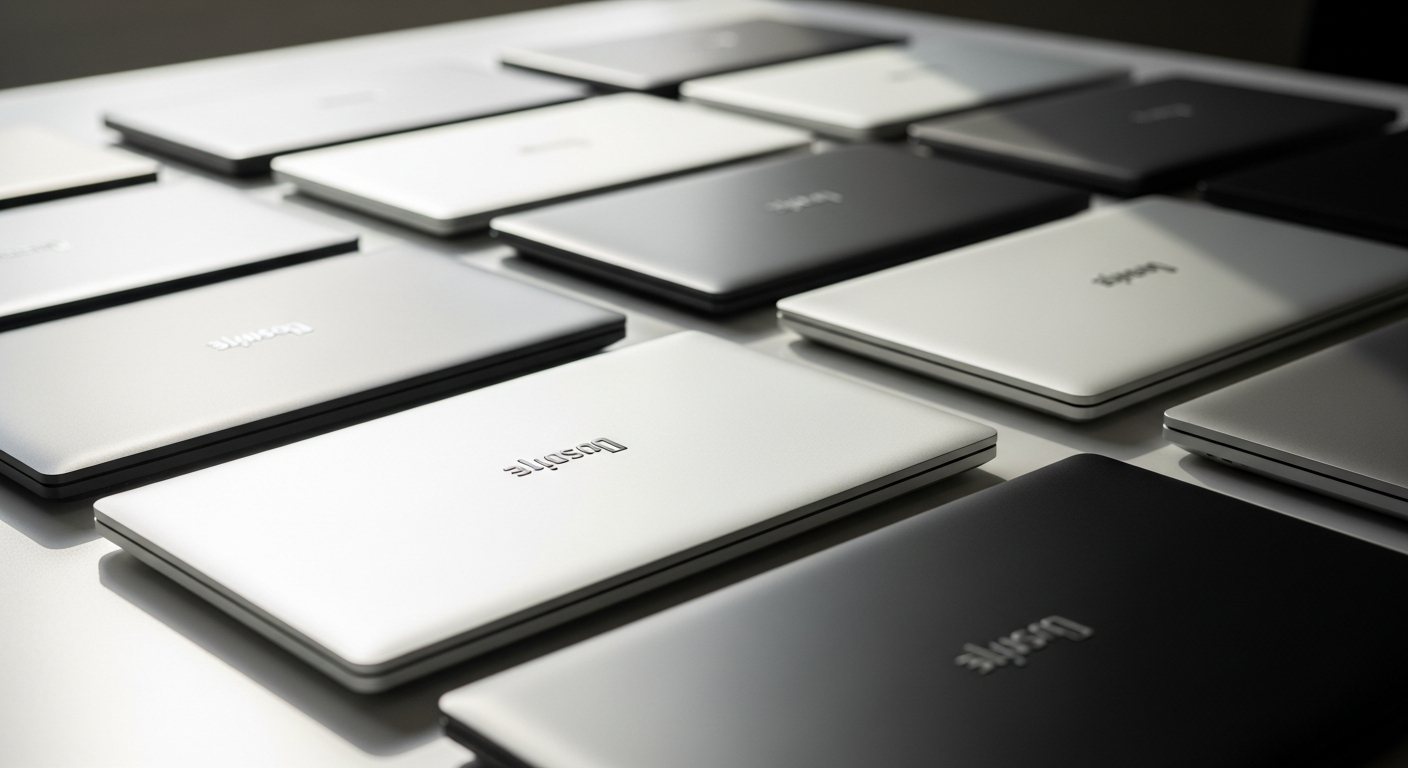 Professional refurbished business laptops stacked in bulk wholesale warehouse