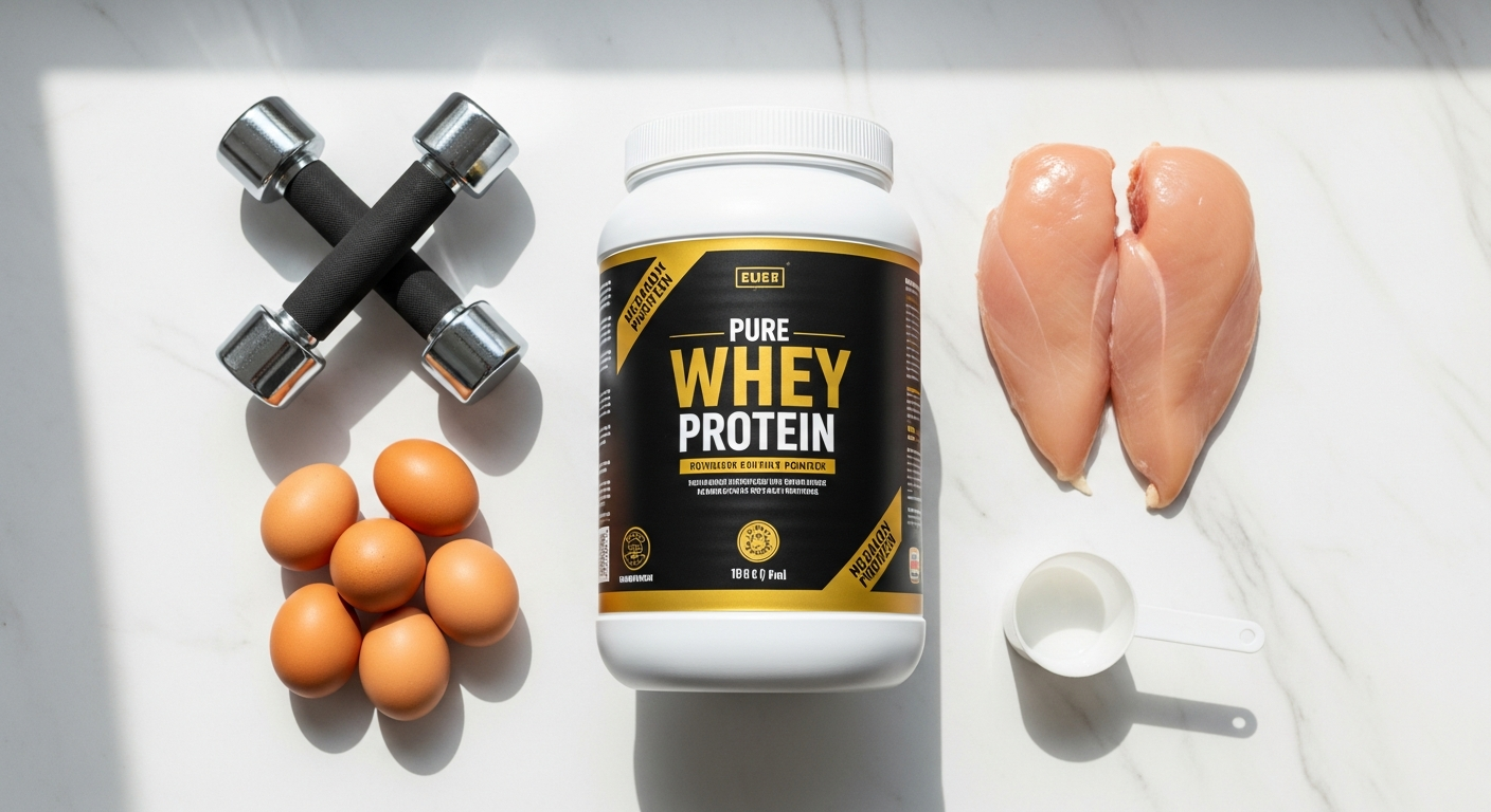 Bulk Pure Whey Protein Powder container with scoop and shaker bottle setup