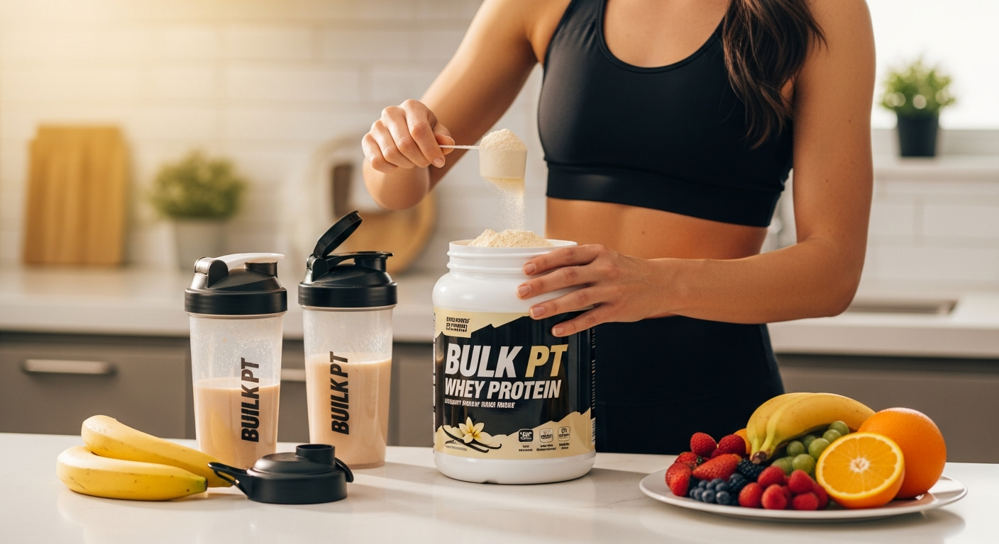 Bulk Pure Whey Protein Powder container with scoop and mixed shake for women