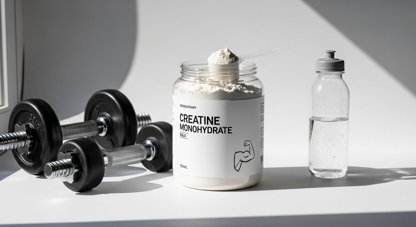 Bulk Creatine Monohydrate Powder supplement container displayed with strength training equipment