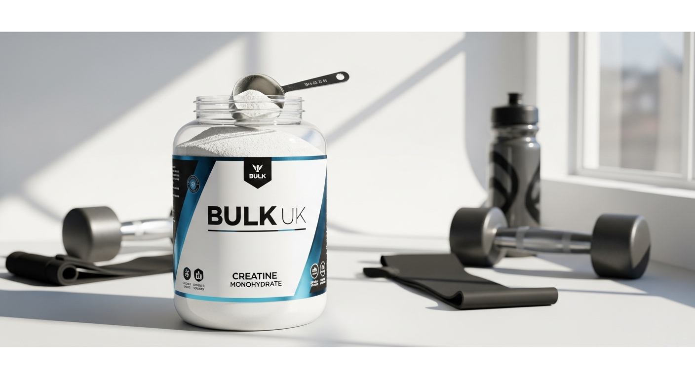 Bulk Creatine Monohydrate Powder container with measuring scoop on white background