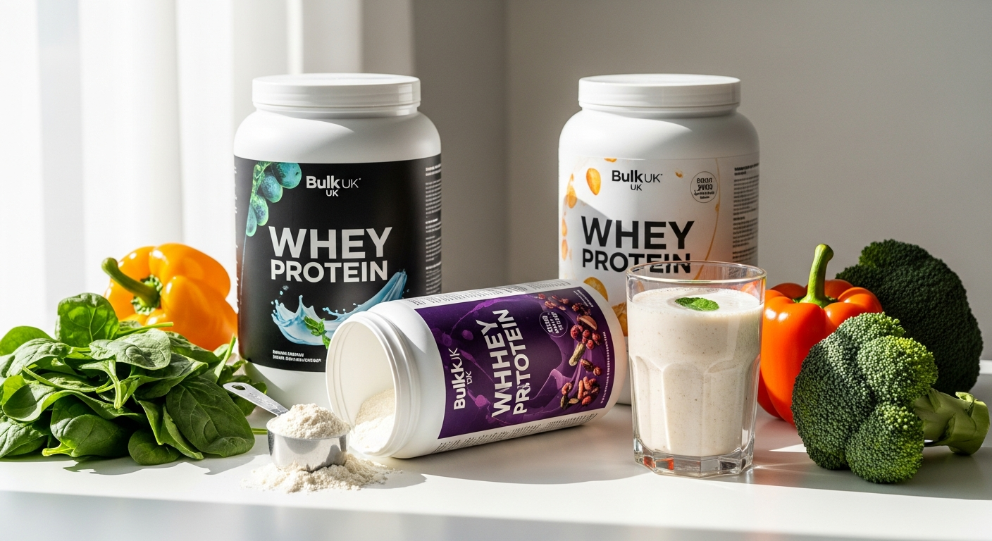 Bulk Pure Whey Protein Powder container with multiple flavor varieties displayed on white background