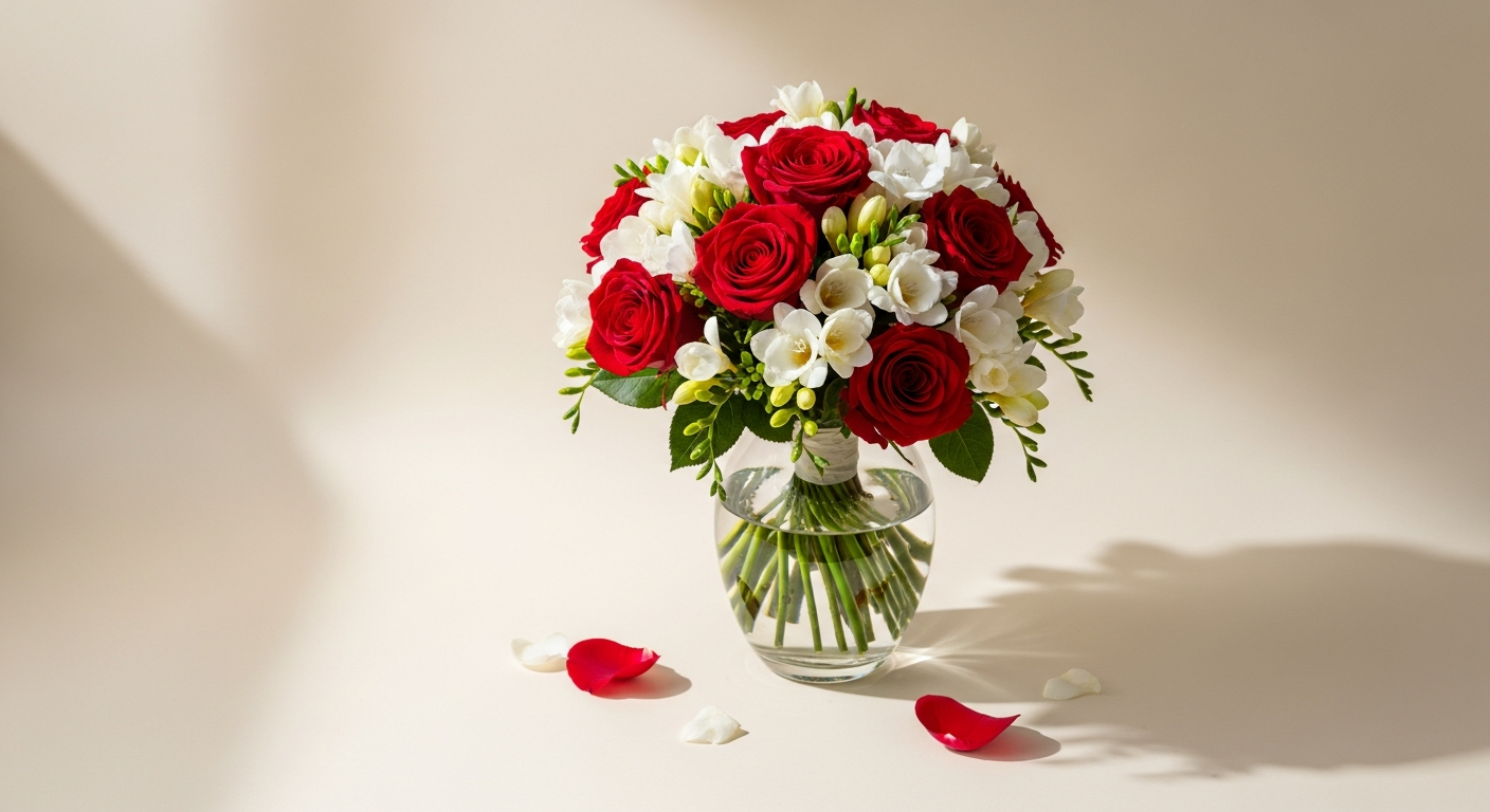 Elegant bouquet of pink roses and white freesias in a clear vase arrangement