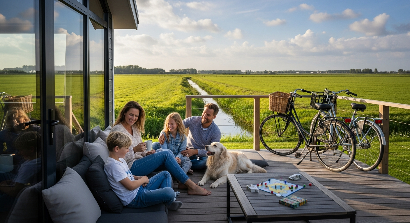 Pet-friendly Netherlands holiday park with dog playing in enclosed garden area