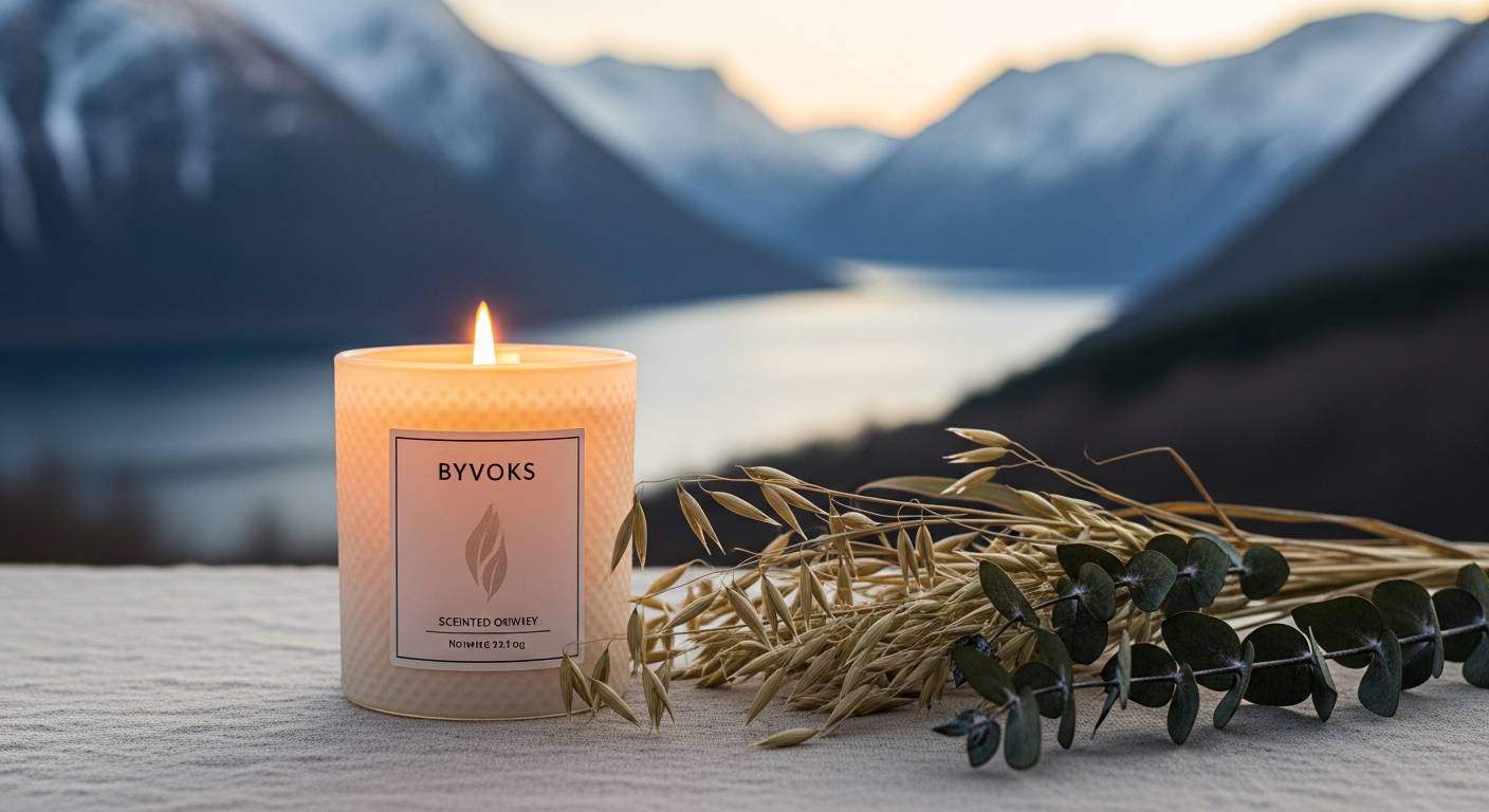 Byvoks personalized scented candle with custom label and Oslo-inspired packaging displayed