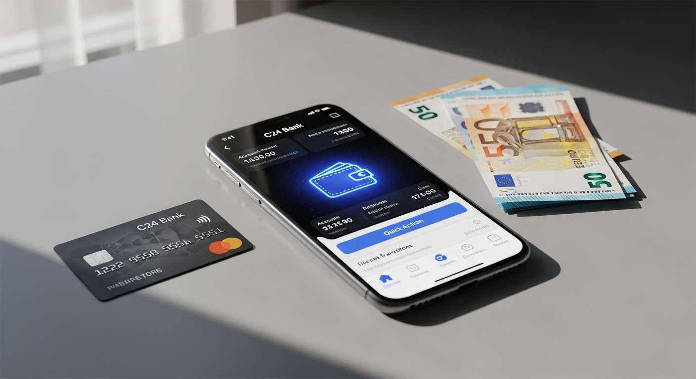 C24 Smart Girokonto mobile app interface showing account balance and Pockets feature