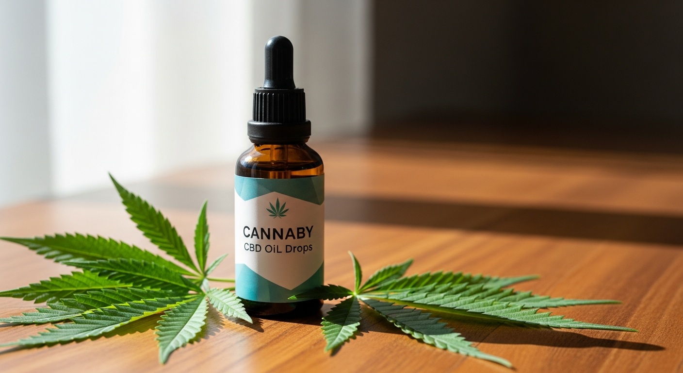 CANNABY Premium CBD Oil Drops bottle with dropper on natural wellness background