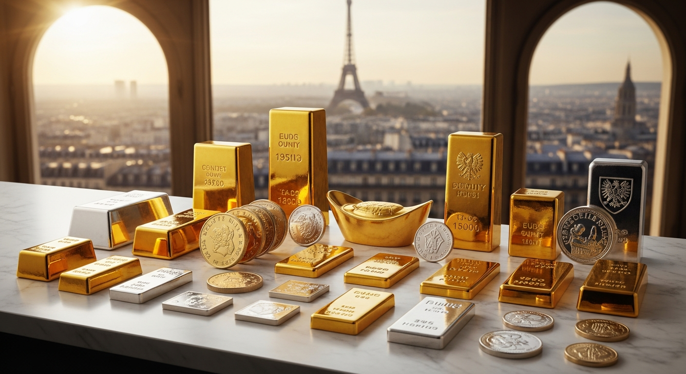 Gold and silver bullion bars and coins displayed at precious metals trading desk