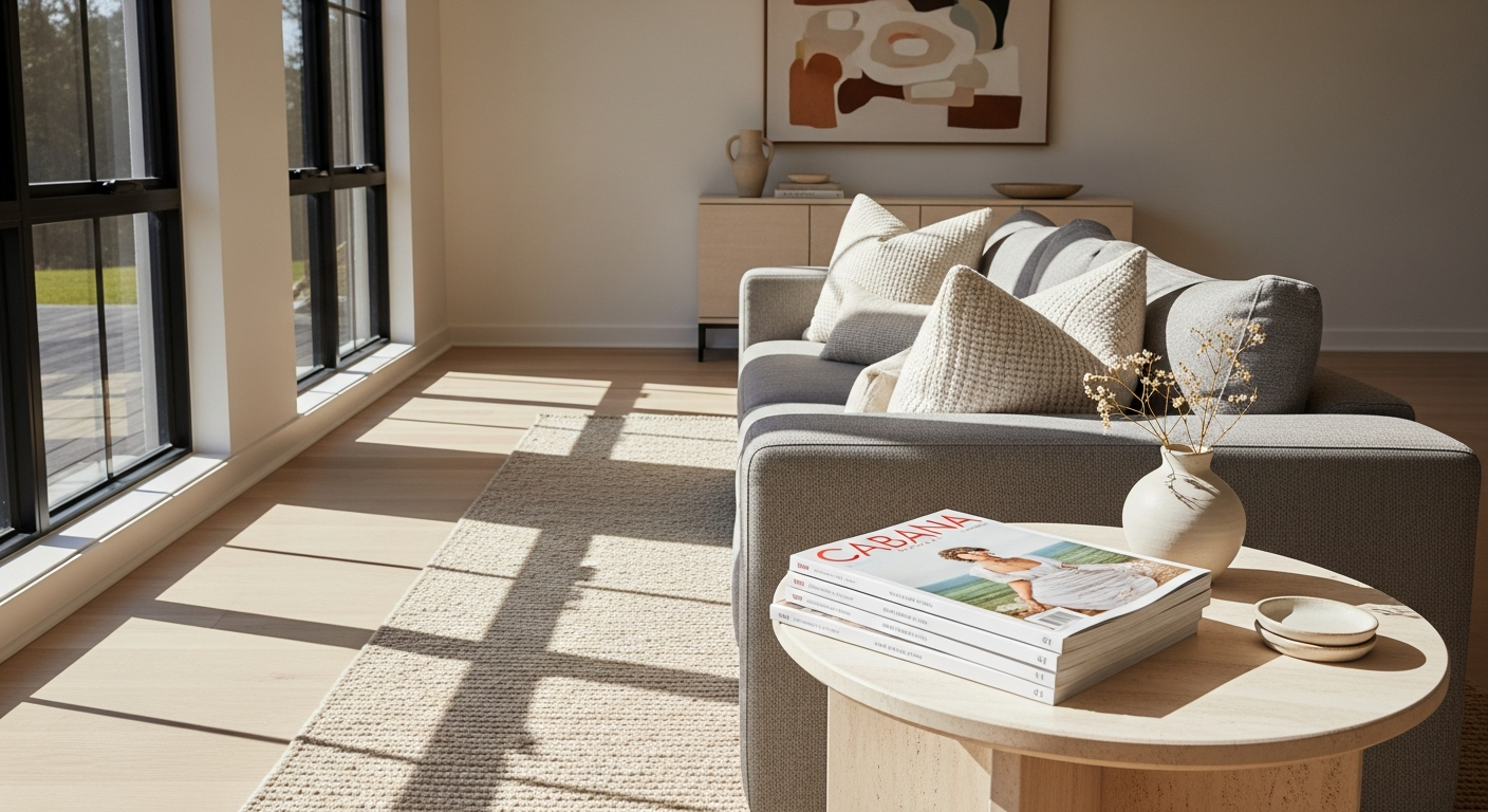 Luxurious European-inspired interior design magazine with bold patterns and decorative objects