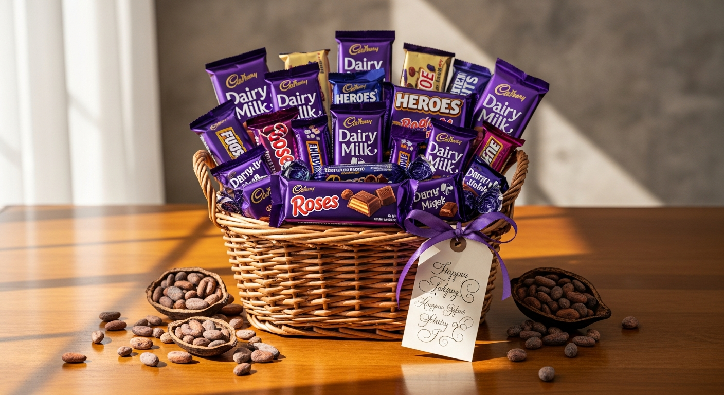 Cadbury Classic Chocolate Gift Basket in elegant wicker presentation with assorted chocolates